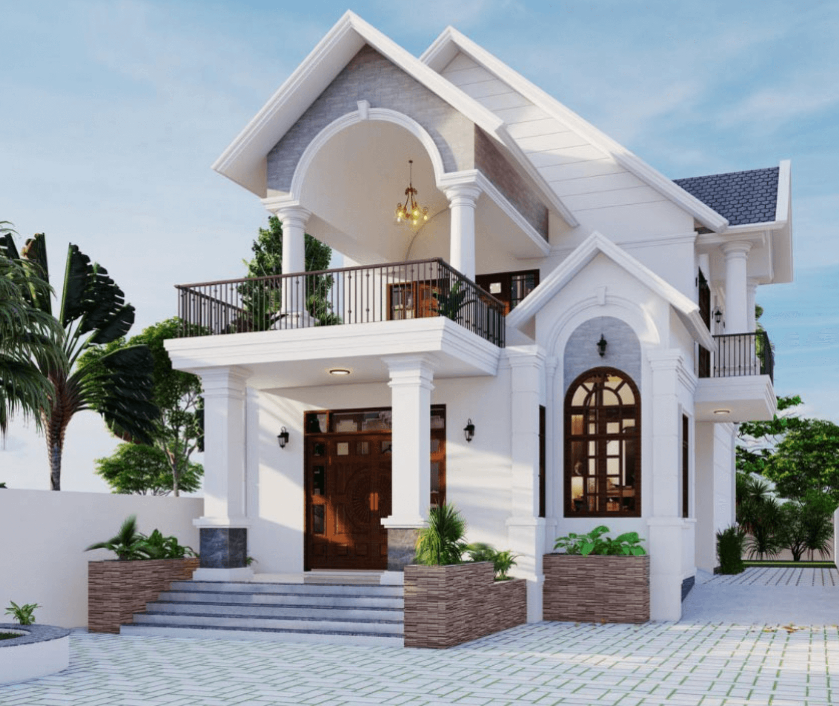 Mặt tiền biệt thự hiện đại hai tầng, tông màu trắng với ban công và hàng cây xanh quanh nhà.