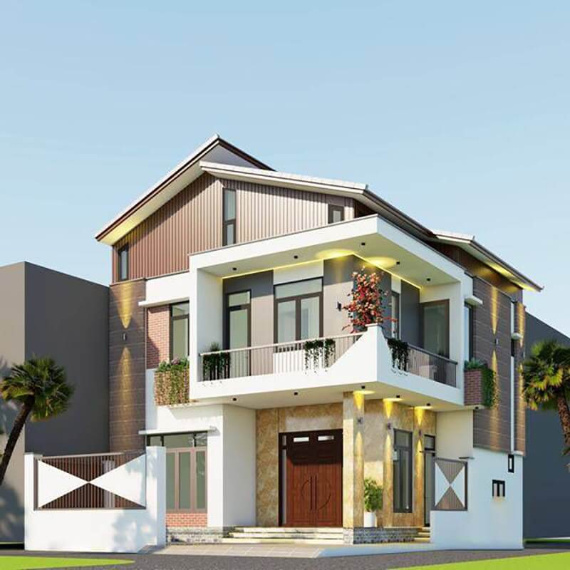 Nhà phố hiện đại hai tầng với ban công rộng và thiết kế sang trọng, ánh sáng tự nhiên, cảnh quan xanh tươi.