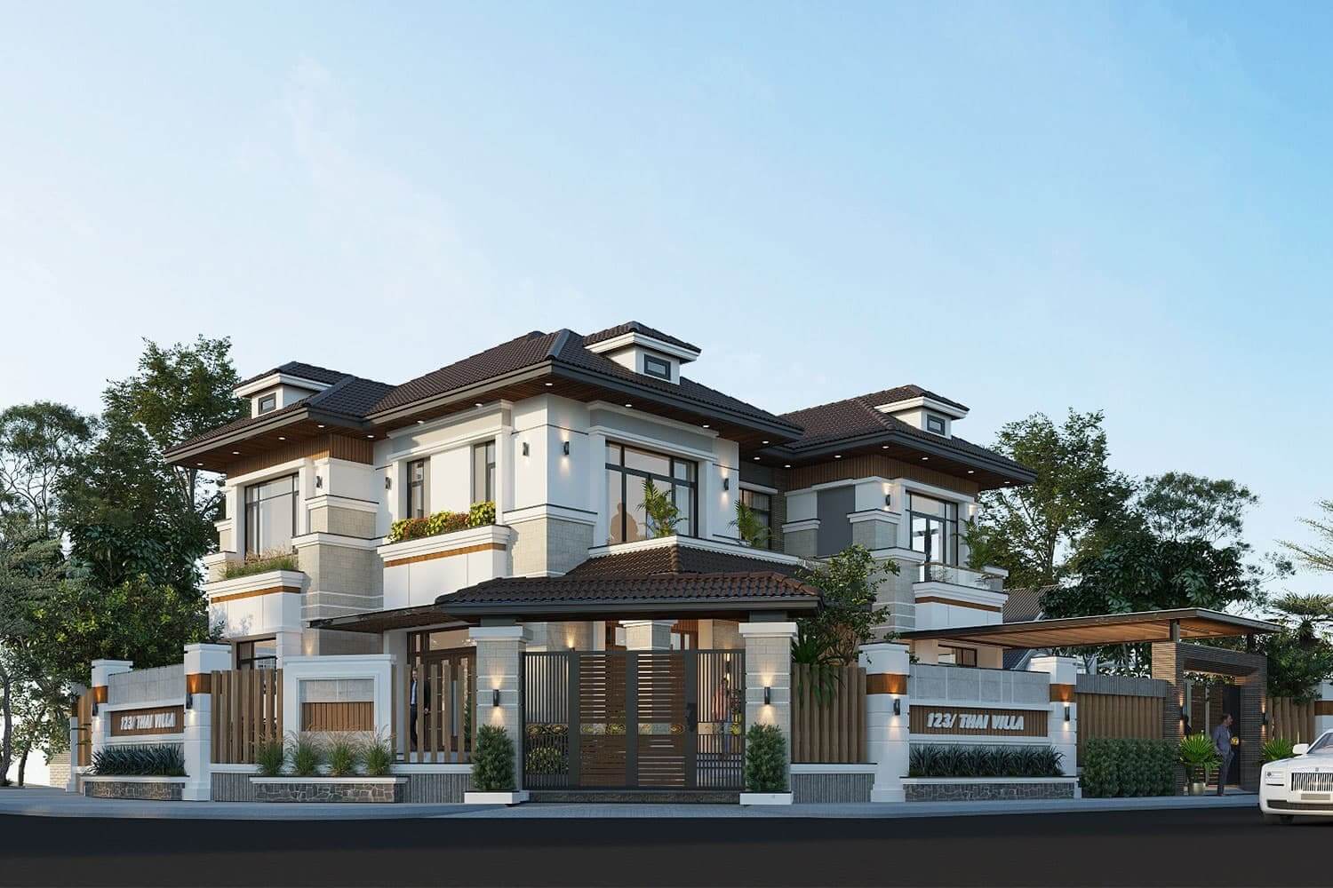 Biệt thự hiện đại với mái ngói, sân vườn và hàng rào gỗ, tạo không gian sống sang trọng và thoải mái.