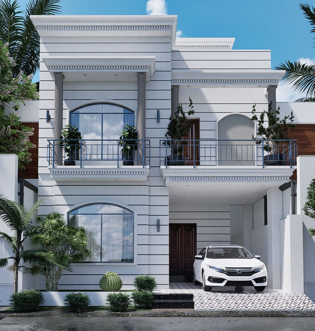 Mặt tiền nhà hiện đại với cửa sổ lớn, cây xanh và ô tô trắng đỗ trong gara.