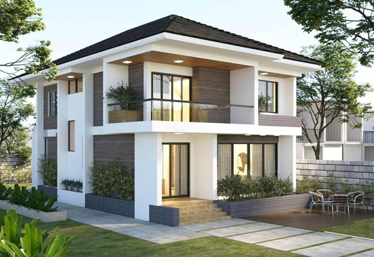 Nhà hiện đại hai tầng với vườn xanh và bàn ghế ngoài trời, thiết kế sang trọng, không gian thoáng đãng.