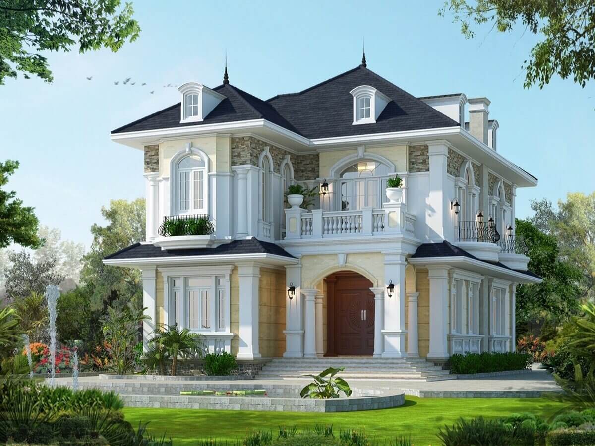 Biệt thự sang trọng phong cách châu Âu với sân vườn xanh mát, mái ngói đen và ban công rộng rãi.
