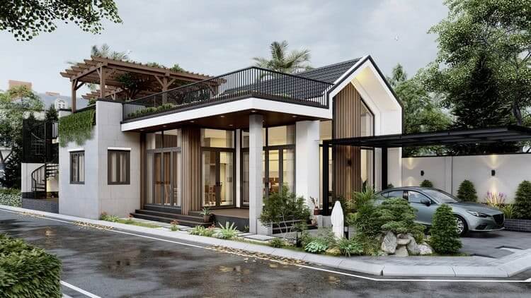 Nhà một tầng hiện đại với sân vườn xanh, mái hiên rộng, và garage ô tô cạnh lối đi chính.