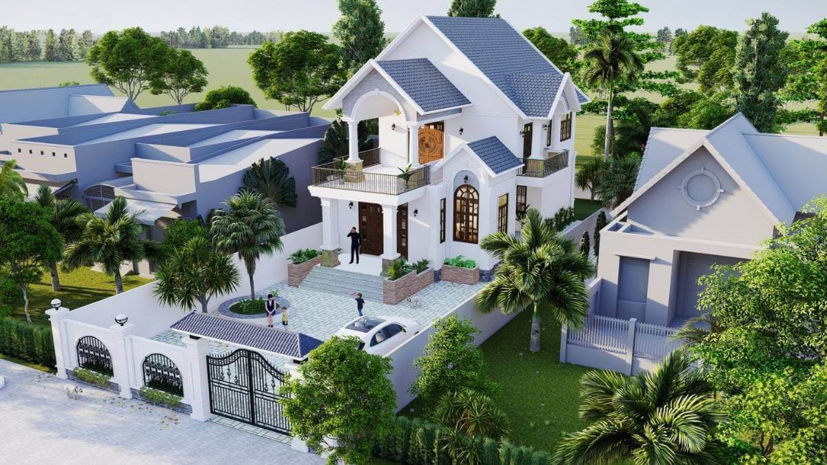 Biệt thự hiện đại với mái ngói xanh, sân vườn rộng và cây xanh bao quanh, tạo không gian sống lý tưởng.
