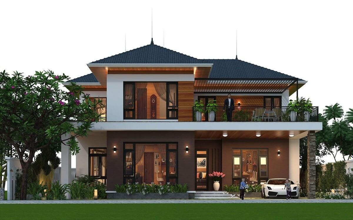 Biệt thự hiện đại hai tầng với mái ngói màu đen, có sân vườn và xe thể thao đậu trước nhà.