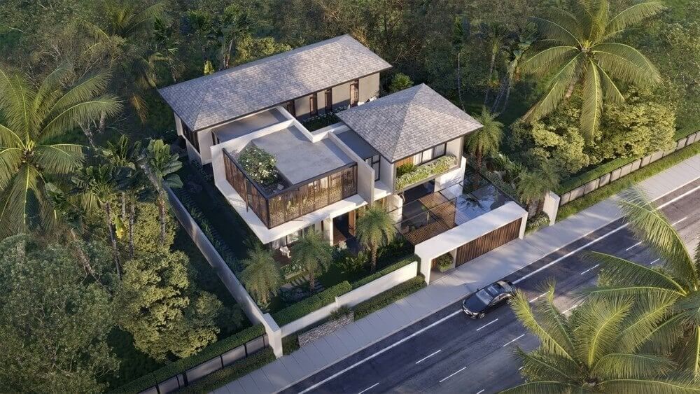 Biệt thự hiện đại giữa khu vườn nhiệt đới xanh mát với đường lớn bên cạnh, thiết kế hài hòa và sang trọng.