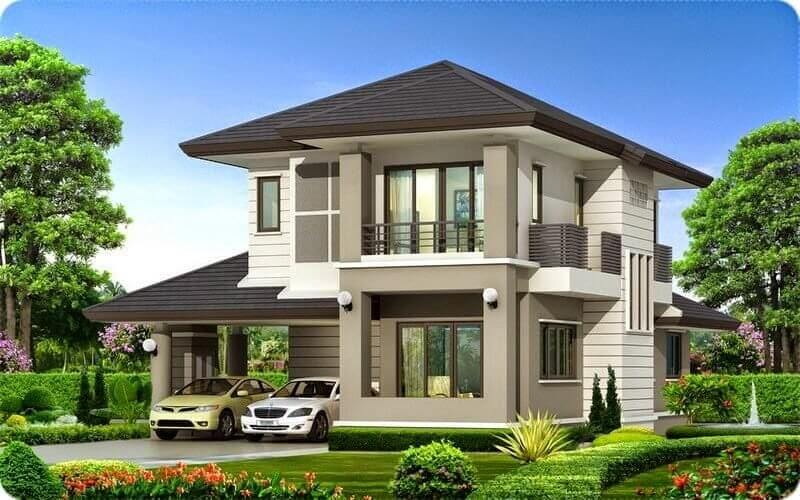 Ngôi nhà hai tầng hiện đại với sân vườn, cây cối xanh mát và hai ô tô đỗ trước cửa.