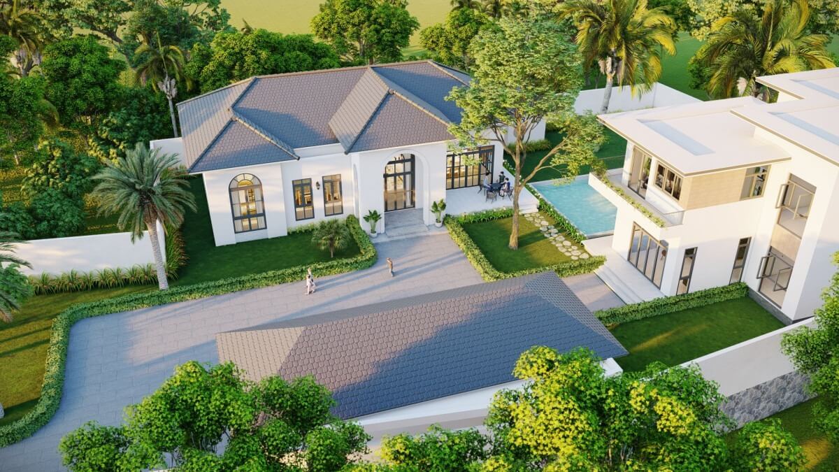 Biệt thự hiện đại với hồ bơi và sân vườn xanh mướt, bao quanh bởi cây cối tươi tốt trong ánh nắng ban mai.