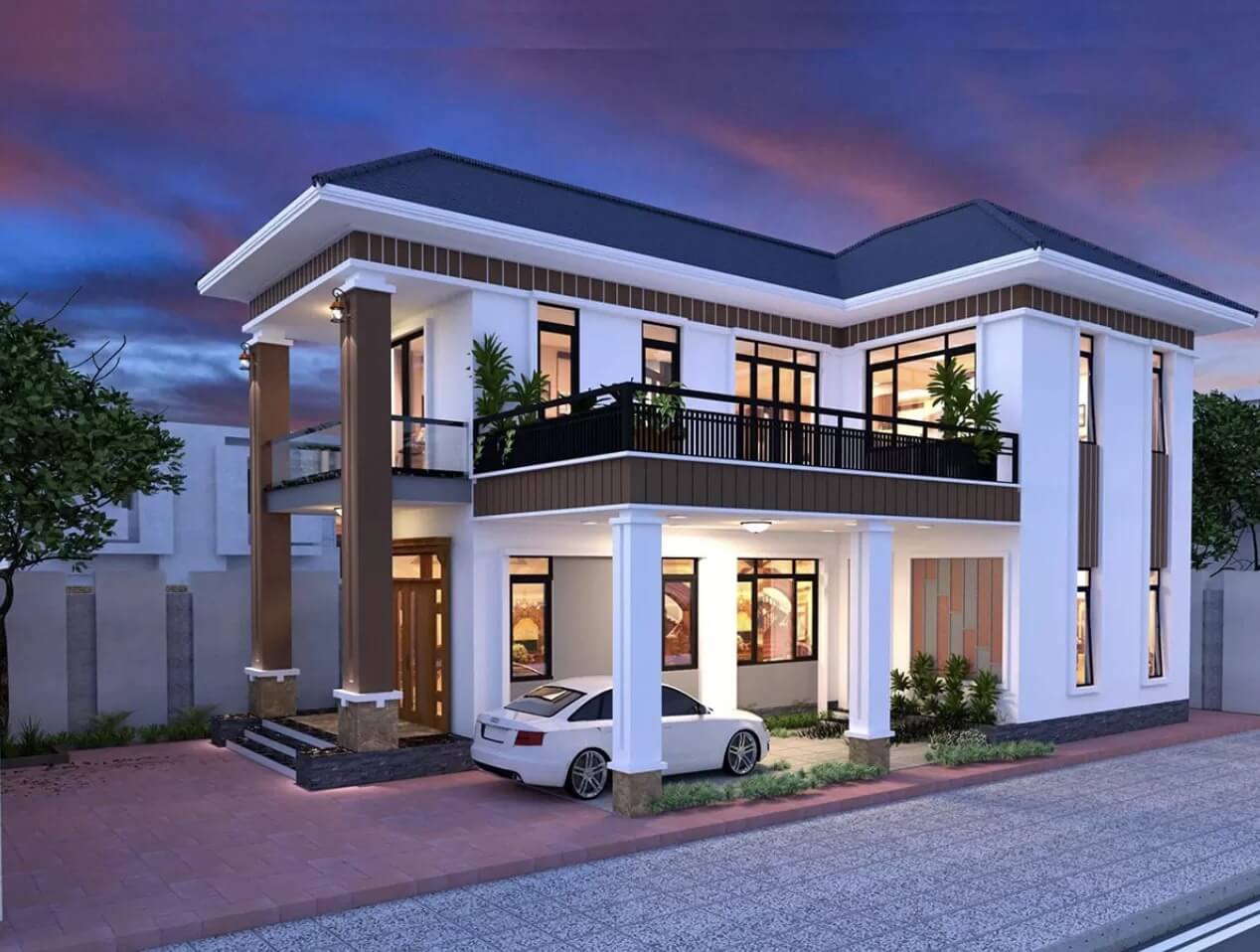 Nhà hai tầng hiện đại với gara, cửa kính lớn, cây xanh và bầu trời hoàng hôn.