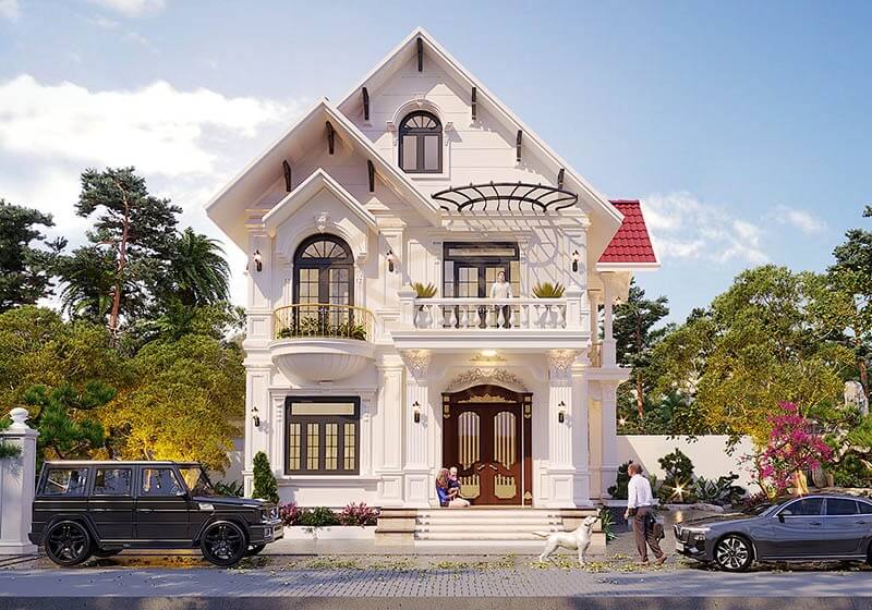 Biệt thự 2 tầng sang trọng với sân vườn xanh mát, có xe hơi đậu phía trước, trời nắng đẹp.