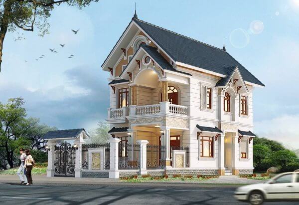 Biệt thự phong cách châu Âu với mái ngói xanh, sân vườn rộng rãi và cổng sắt lớn ở vùng nông thôn thanh bình.