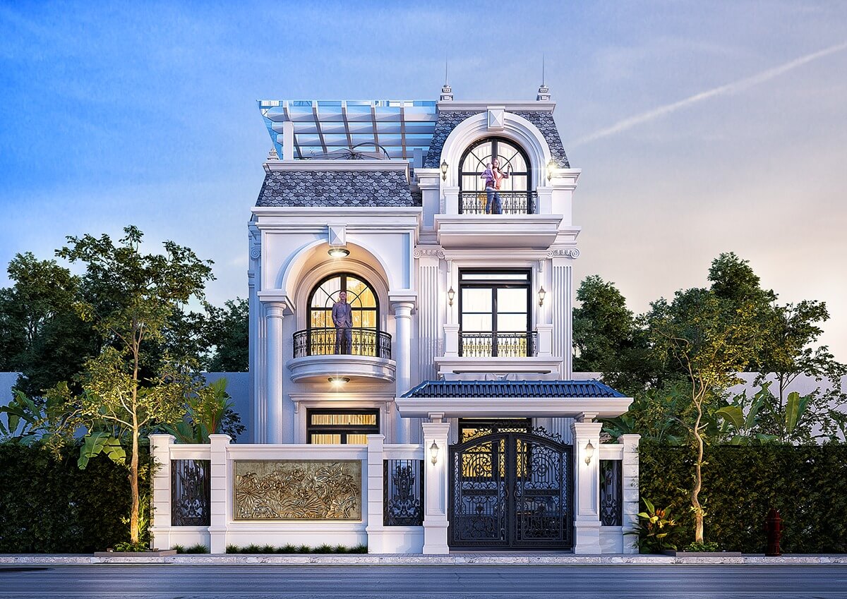 Biệt thự tân cổ điển sang trọng với cổng lớn và ban công, phối cảnh trời xanh và cây cối.