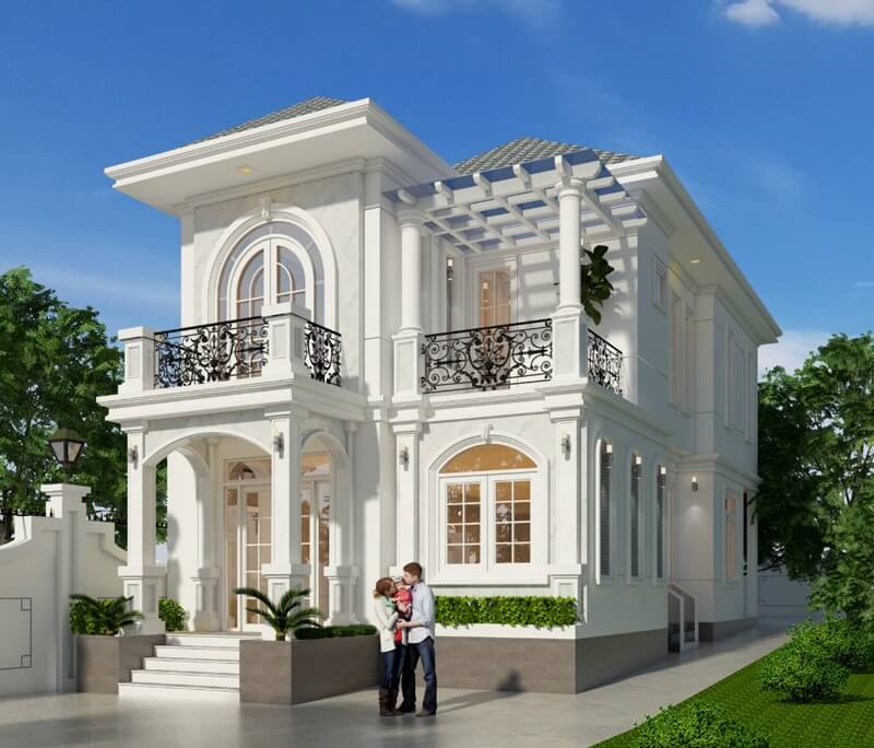 Biệt thự hai tầng phong cách tân cổ điển với gia đình nhỏ đứng trước, cây xanh và bầu trời xanh.