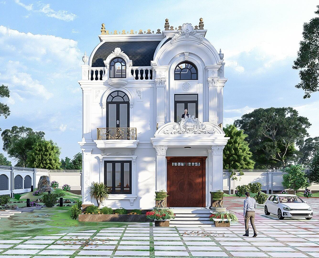 Biệt thự sang trọng kiểu cổ điển với sân vườn rộng rãi, ô tô và hai người phía trước, trời xanh mây trắng.