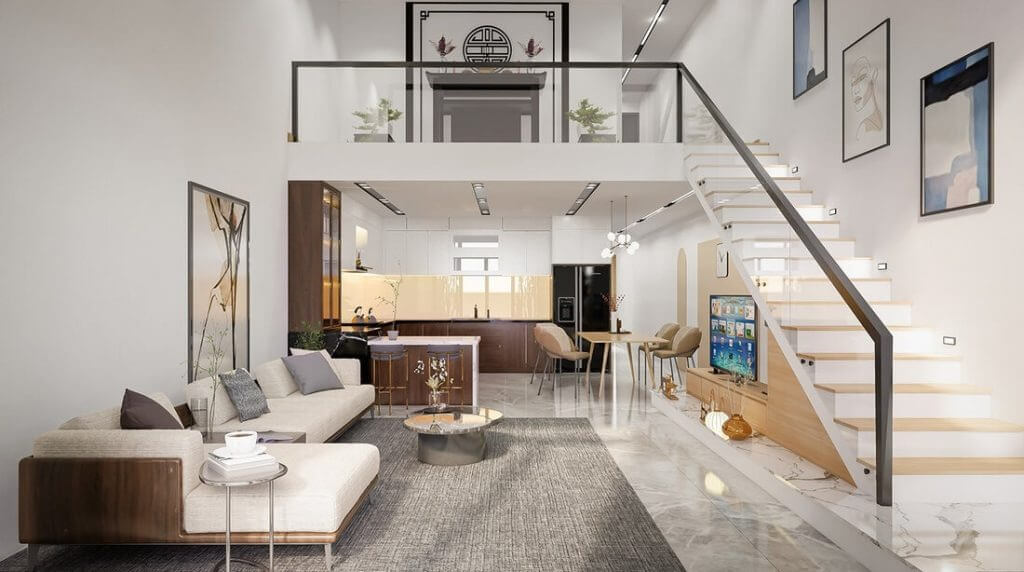 Phòng khách hiện đại với sofa, bàn trà, cầu thang gác lửng và nội thất sang trọng, gam màu trắng và gỗ.
