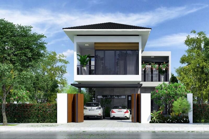 Nhà hai tầng hiện đại với gara ô tô và cây xanh xung quanh, bầu trời xanh ngắt, thiết kế tối giản và tiện nghi.