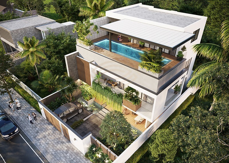 Biệt thự hiện đại có hồ bơi trên sân thượng, bao quanh bởi cây xanh, không gian sống đẳng cấp và sang trọng.