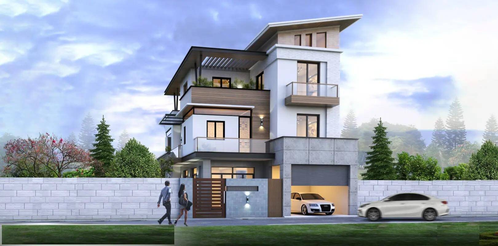 Nhà hiện đại 3 tầng với garage ô tô, vườn cây xanh, và cổng rào trắng, xe hơi đang di chuyển phía trước.