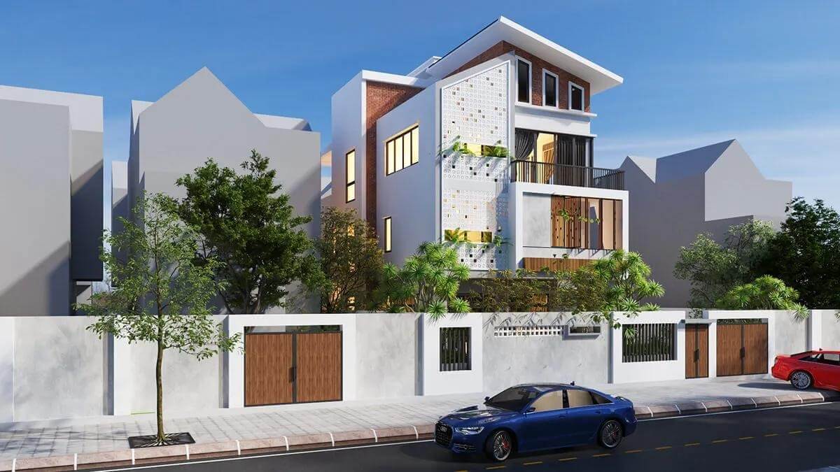 Nhà phố hiện đại với cửa sổ lớn, ban công, sân vườn xanh mướt và ô tô đậu phía trước trên con đường phố.