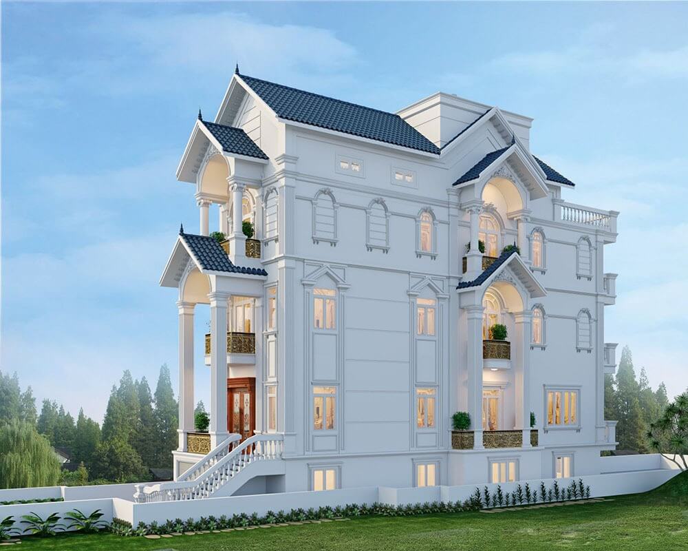 Biệt thự tân cổ điển trắng, mái ngói xanh, kiến trúc sang trọng với kiến trúc cột và ban công, trời trong sáng.