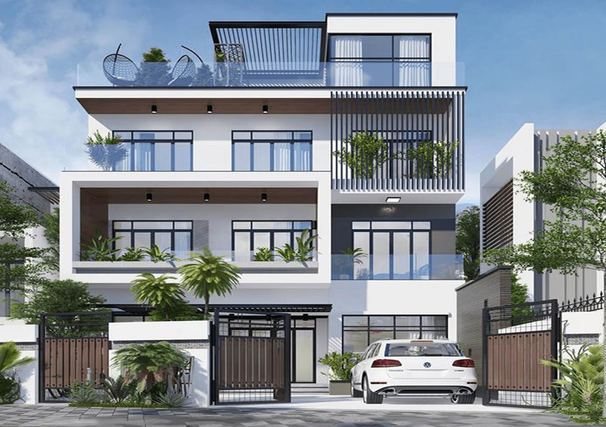 Nhà hiện đại ba tầng với cửa sổ kính lớn và sân vườn xanh mát, xe hơi đỗ phía trước.