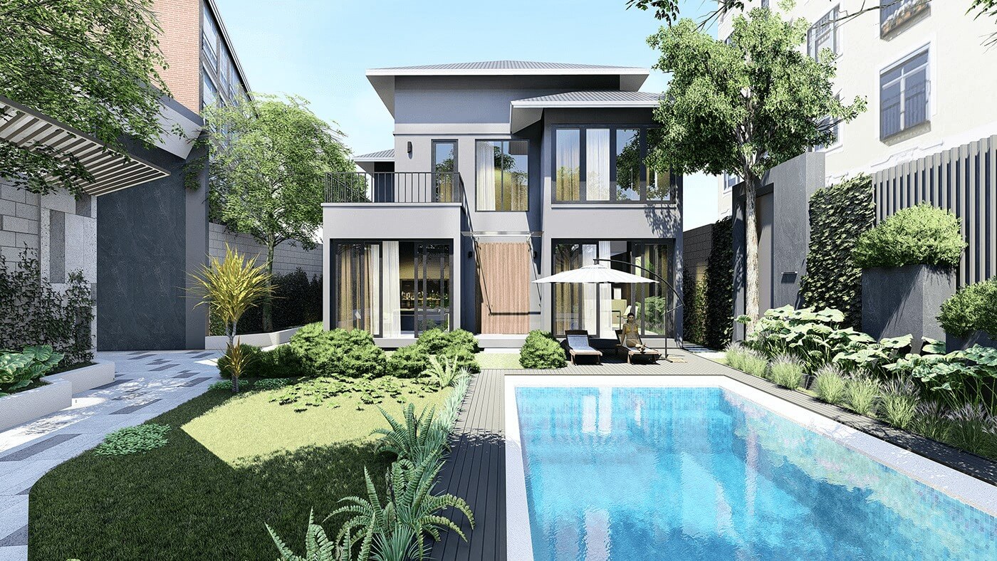 Biệt thự hiện đại với hồ bơi xanh và khu vườn xanh mát ở sân sau, mang lại không gian sống xanh và thư giãn.