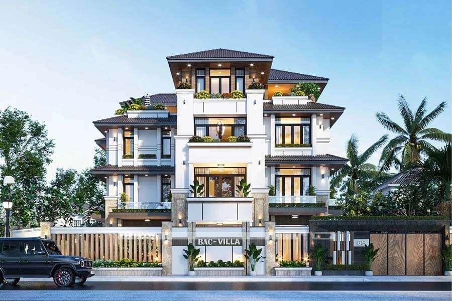 Biệt thự hiện đại với ba tầng, vườn cây xanh mát, buổi chiều nắng nhẹ, thiết kế sang trọng, lối kiến trúc hài hòa.