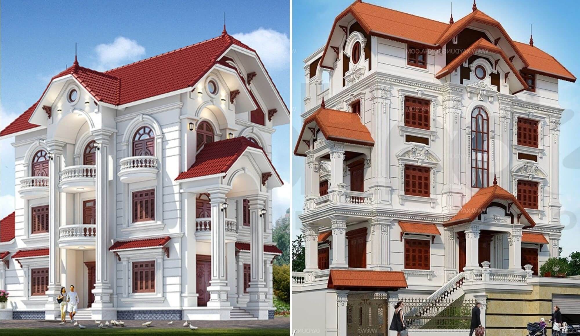 Biệt thự tân cổ điển sang trọng với mái ngói đỏ, kiến trúc đồ sộ và cửa sổ vòm lớn.