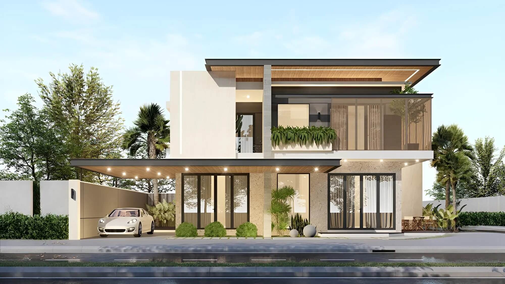 Nhà hiện đại hai tầng với gara và vườn cây xanh xung quanh, thiết kế tinh tế và thoáng mát.