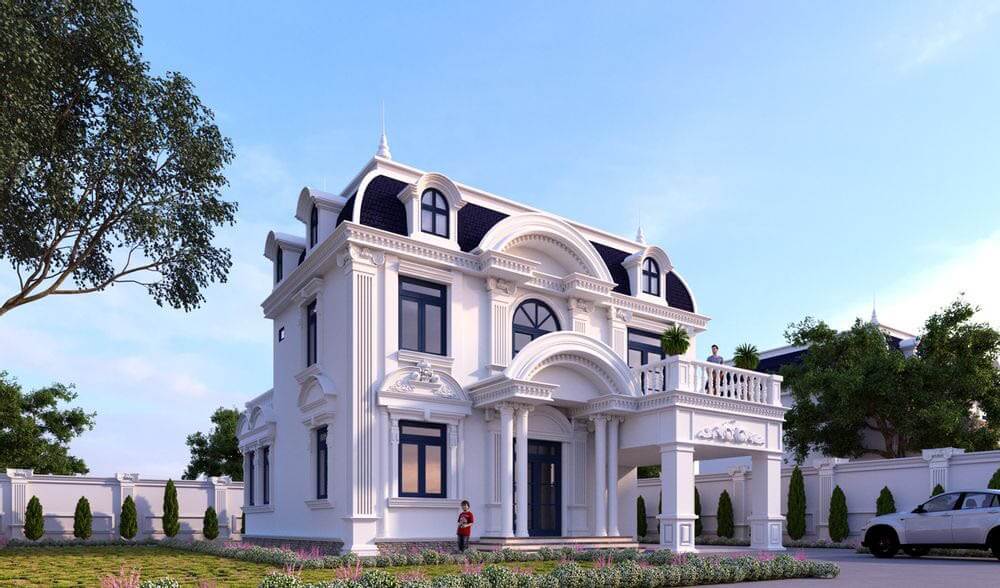 Biệt thự tân cổ điển màu trắng với vườn xanh bên ngoài, thiết kế sang trọng và kiến trúc tinh tế.