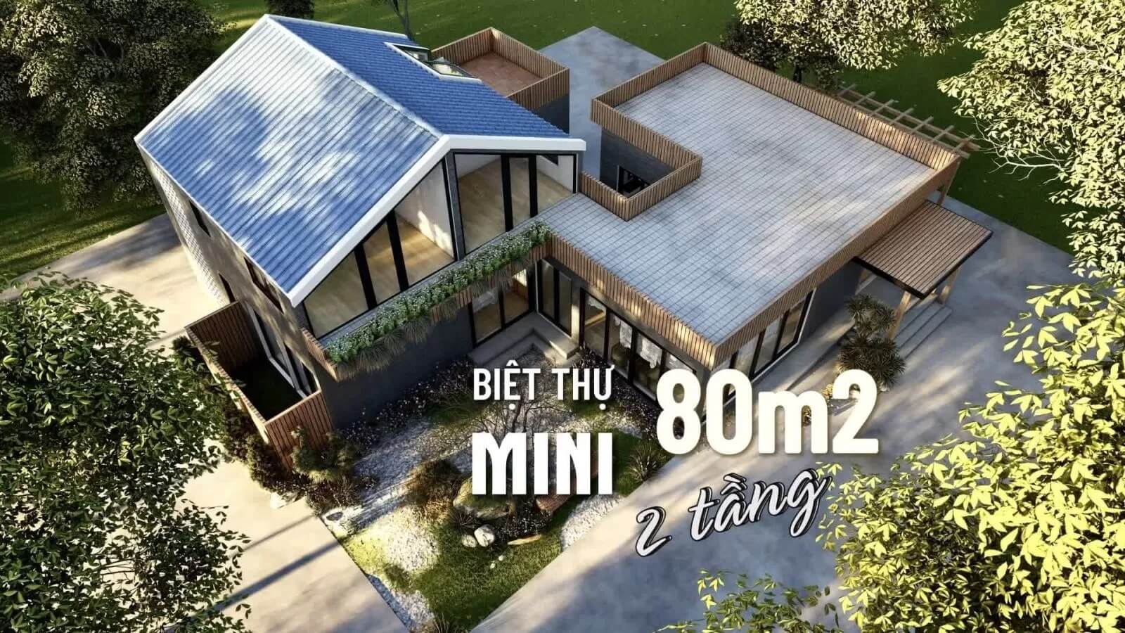 Biệt thự mini 80m2 hai tầng hiện đại tại khuôn viên xanh mát, thiết kế mái độc đáo và không gian xung quanh thoáng đãng.