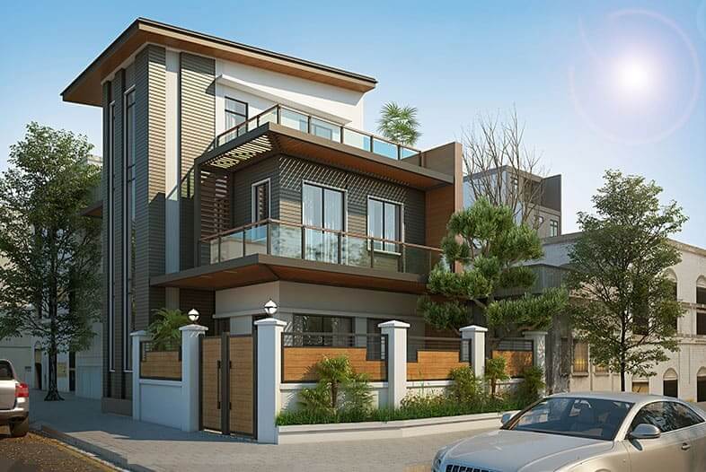 Nhà biệt thự hiện đại ba tầng với kính ban công và sân vườn xanh, ô tô đỗ trước cổng dưới ánh nắng mặt trời.