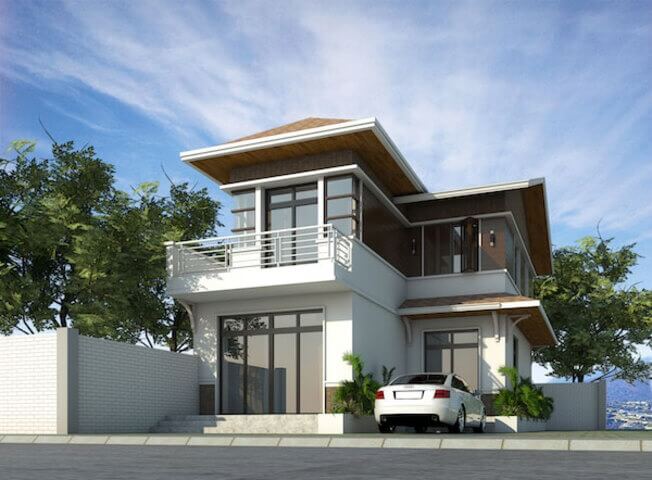 Ngôi nhà hiện đại hai tầng với xe hơi trắng đậu phía trước, xung quanh là cây xanh và bầu trời xanh trong.