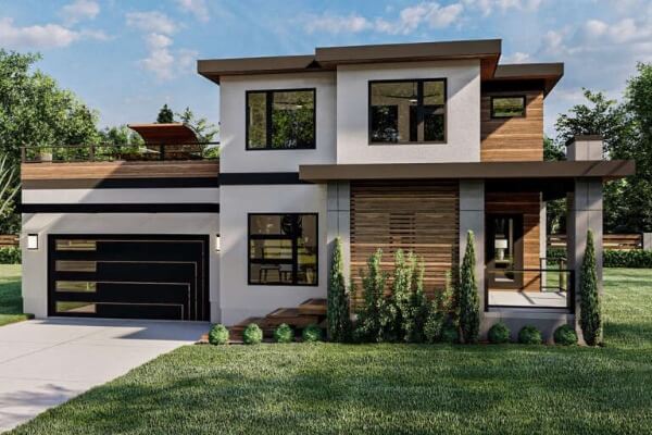 Nhà hiện đại hai tầng với gara, thiết kế tối giản và sân vườn xanh mát, nền trời xanh và mây trắng.