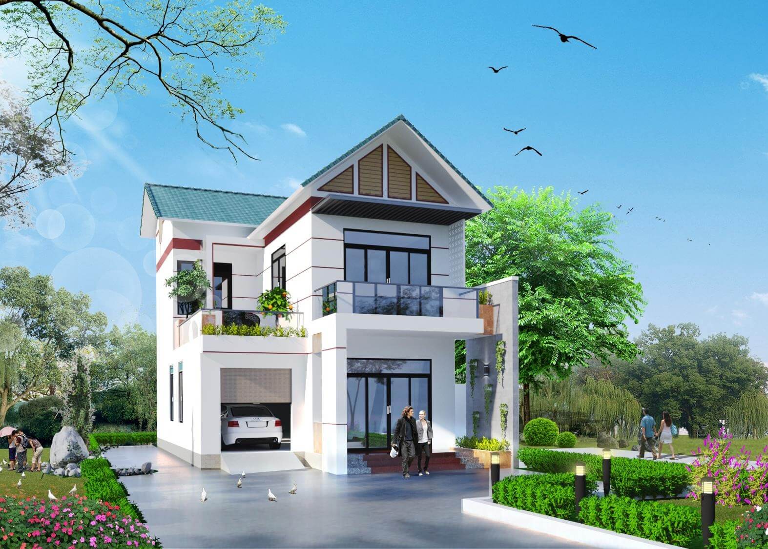 Nhà biệt thự hiện đại với sân vườn xanh mát, ánh nắng rực rỡ chiếu sáng, bầu trời trong xanh.