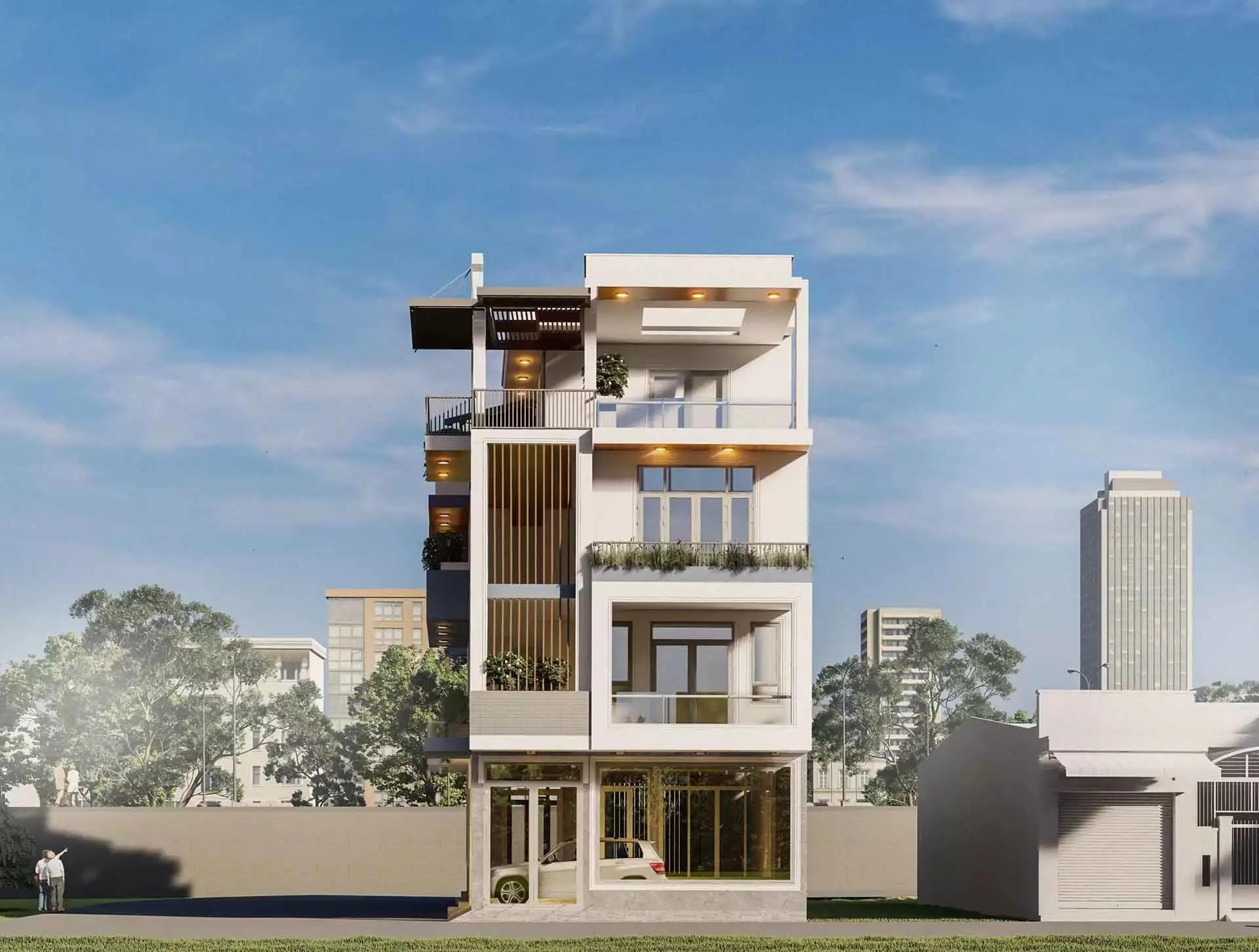 Nhà phố hiện đại bốn tầng giữa lòng thành phố, với kiến trúc cửa kính và ban công cây xanh.