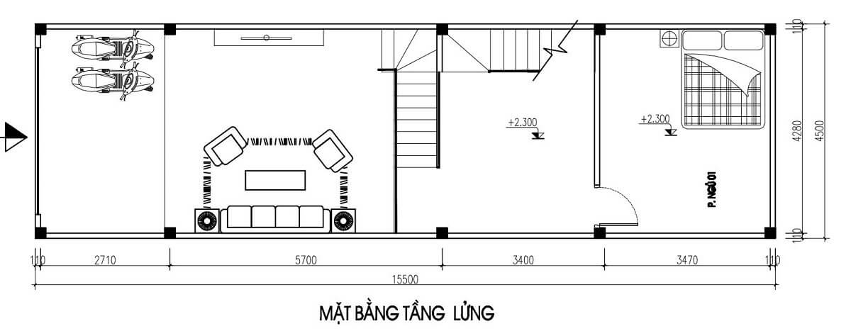 Bản vẽ thiết kế mặt bằng tầng lửng với xe máy, phòng khách, cầu thang và phòng ngủ.