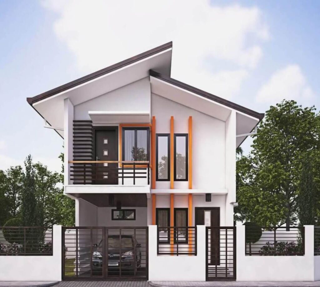 Nhà hai tầng hiện đại với màu trắng cam, hàng rào kim loại, và mái dốc, cây xanh xung quanh.