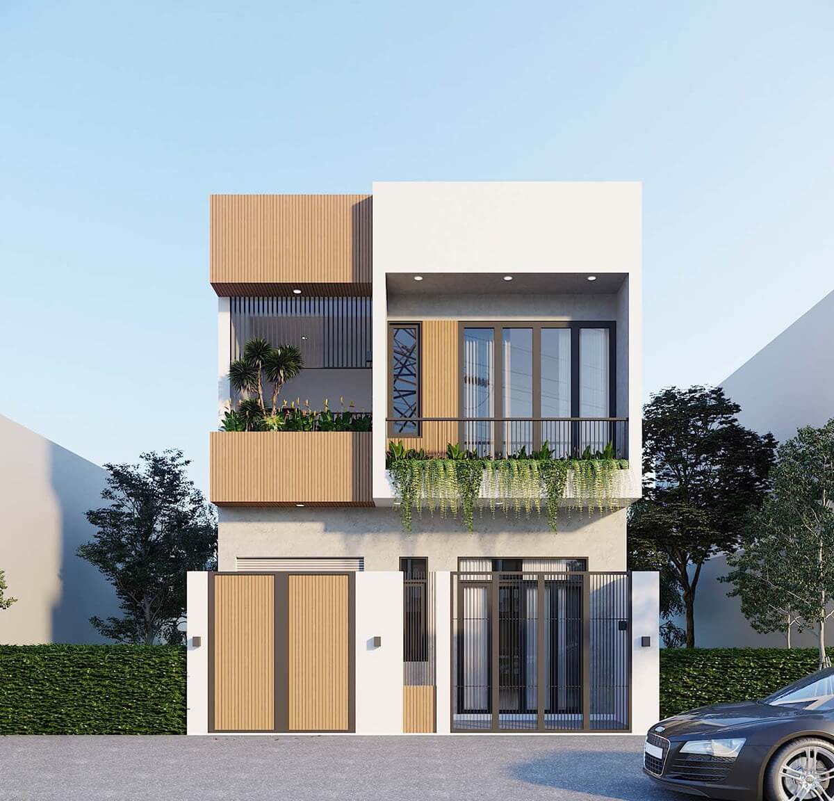 Nhà phố hiện đại hai tầng với ban công thoáng mát và cây xanh trang trí, mang phong cách tối giản và tinh tế.