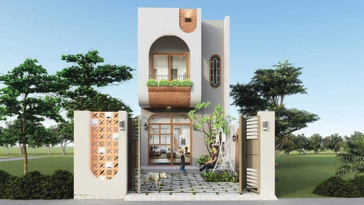 Nhà phố hiện đại với sân trước thoáng mát, cây xanh và cửa sổ thiết kế độc đáo.