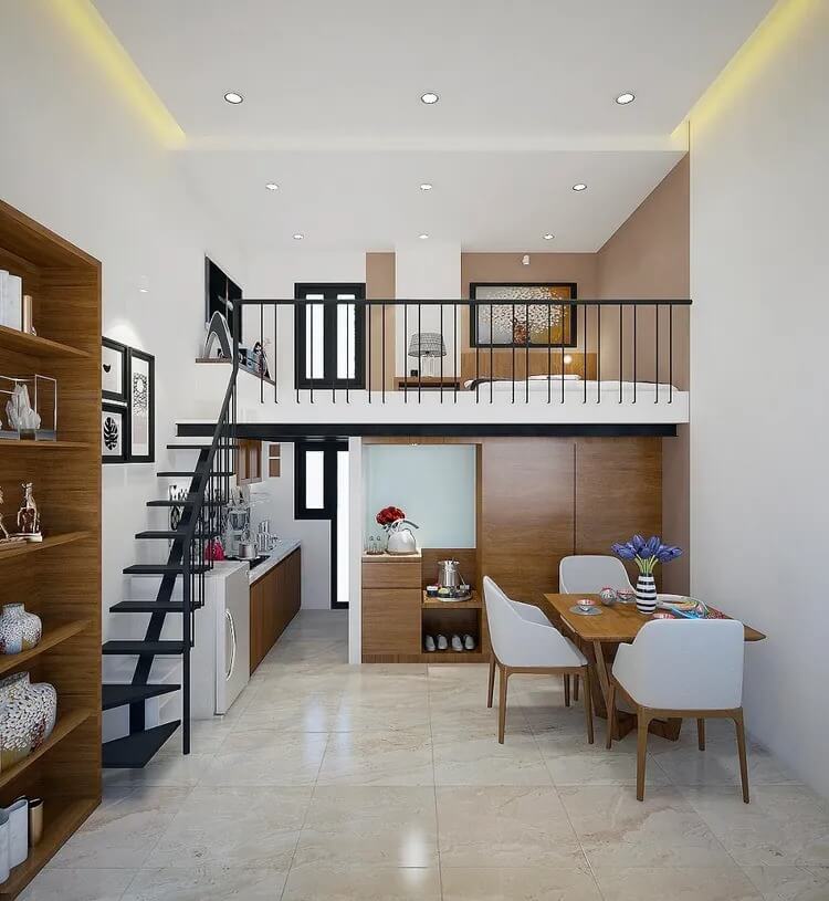 Phòng khách hiện đại, nội thất gỗ, thiết kế gác lửng, bàn ăn sang trọng và cầu thang đen, ánh sáng tự nhiên.
