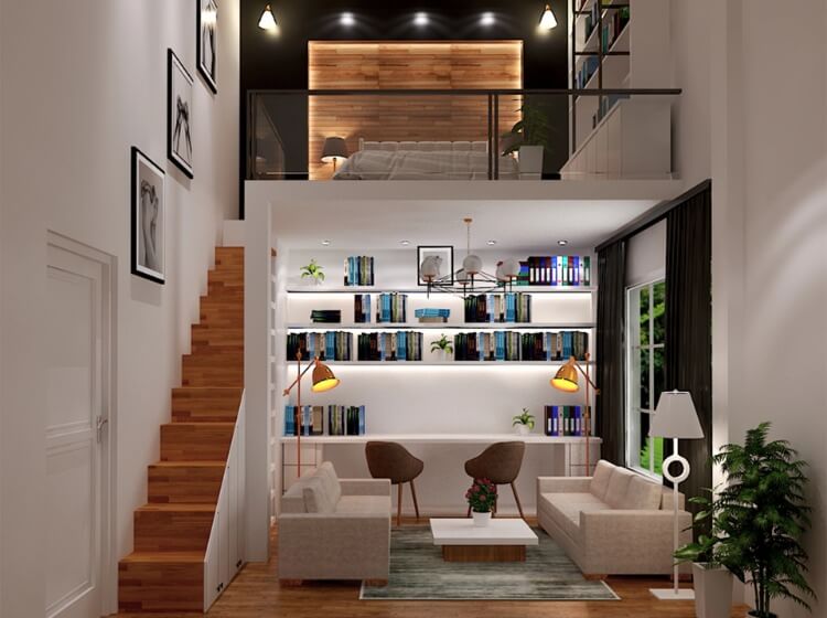 Phòng khách hiện đại với sàn gỗ, ghế sofa, bàn sách, đèn sàn và nội thất tầng lửng.