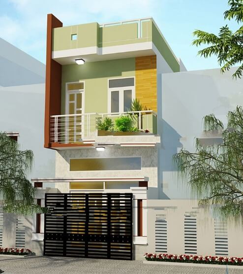 Nhà phố hiện đại 2 tầng với lan can kính, cửa sắt và cây xanh, phong cách kiến trúc đương đại tại Việt Nam.