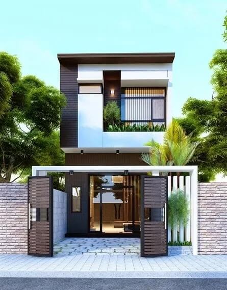 Ngôi nhà hiện đại với cổng lùa gỗ và cây cối xung quanh, thiết kế tối giản và thoáng đãng.