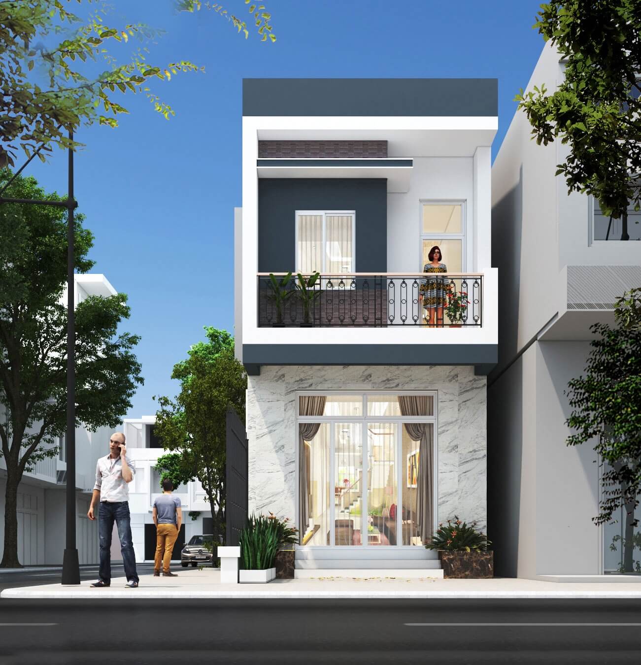 Nhà phố hiện đại 2 tầng với ban công, cây xanh, và người đứng trên ban công, đường phố bên ngoài.