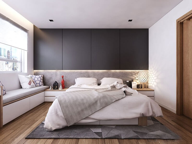 Phòng ngủ hiện đại với giường lớn, ánh sáng tự nhiên và nội thất tối giản.