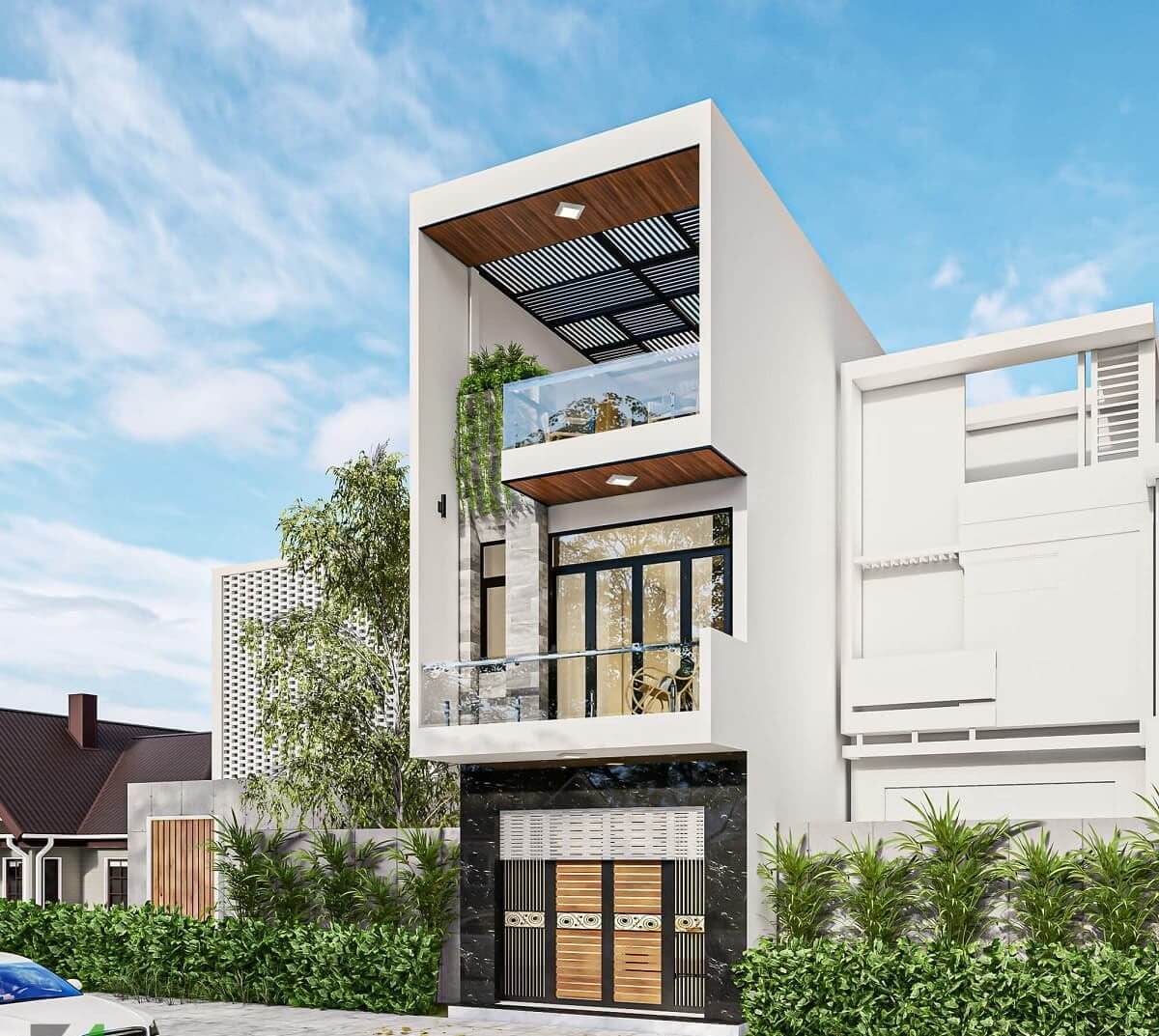 Nhà phố hiện đại, 3 tầng, thiết kế mở với ban công kính và cây xanh, phù hợp gia đình đô thị.