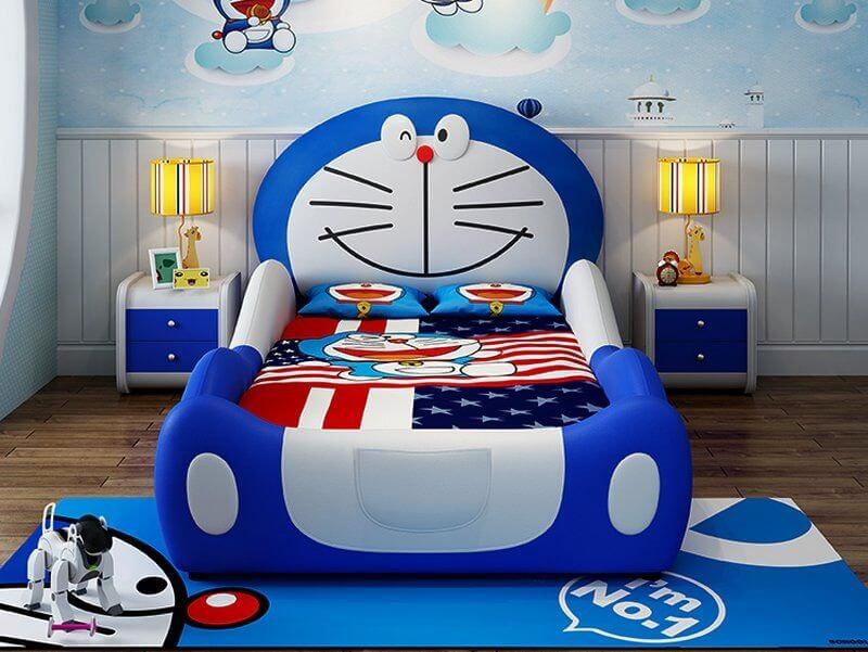 Giường trẻ em thiết kế theo chủ đề nhân vật hoạt hình, tông màu xanh sáng, trang trí sáng tạo cho phòng ngủ.