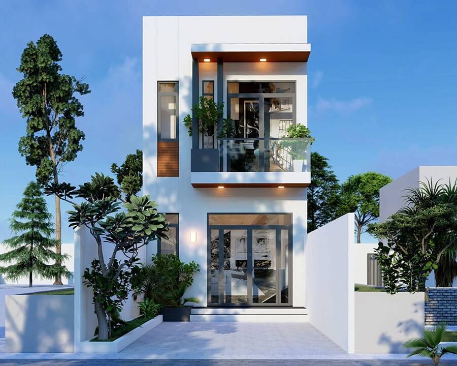 Ngôi nhà hiện đại hai tầng với ban công kính và cây xanh xung quanh, bầu trời trong xanh.