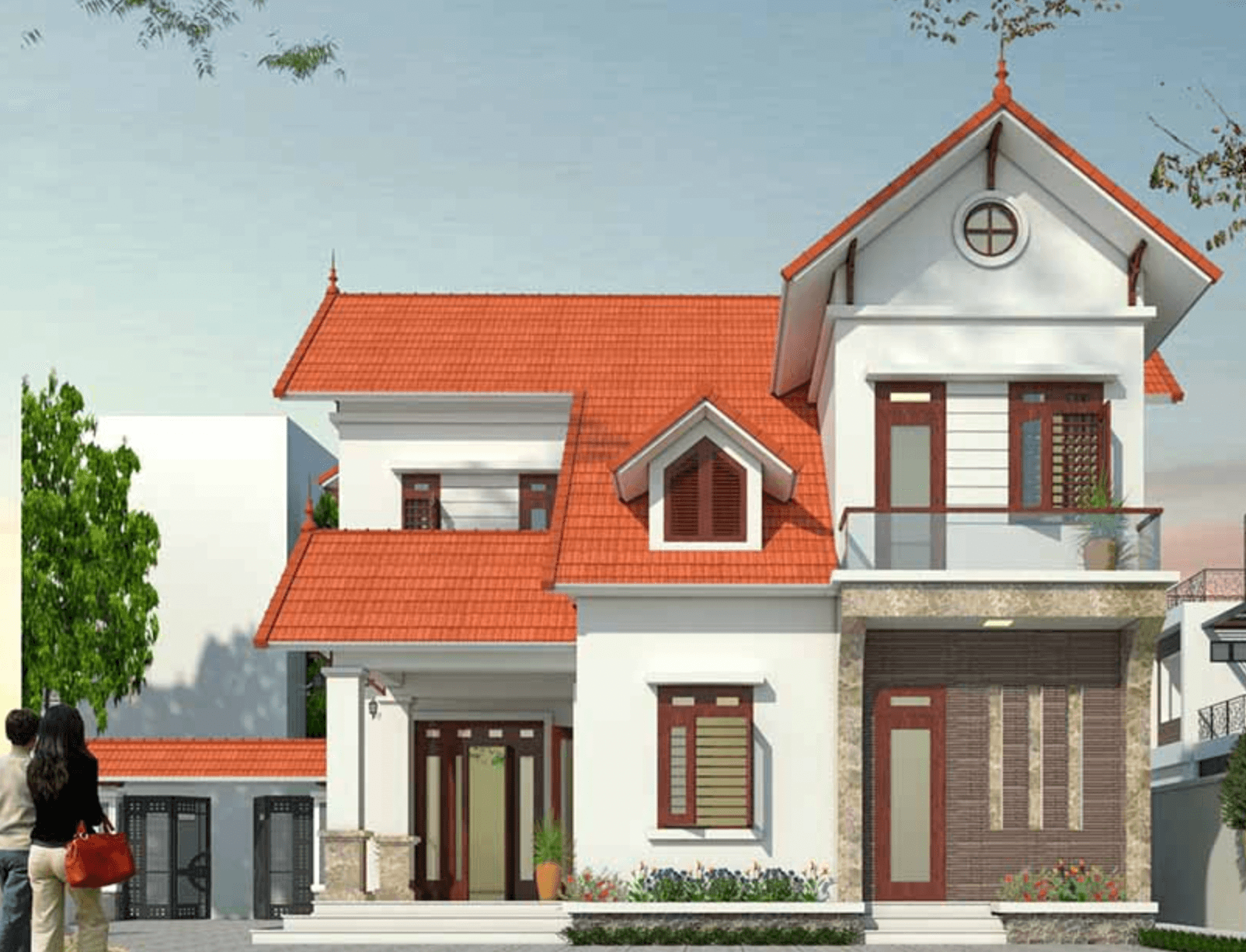 Ngôi nhà mái ngói đỏ hai tầng hiện đại với ban công nhỏ và cửa sổ gỗ, cây cối xung quanh.